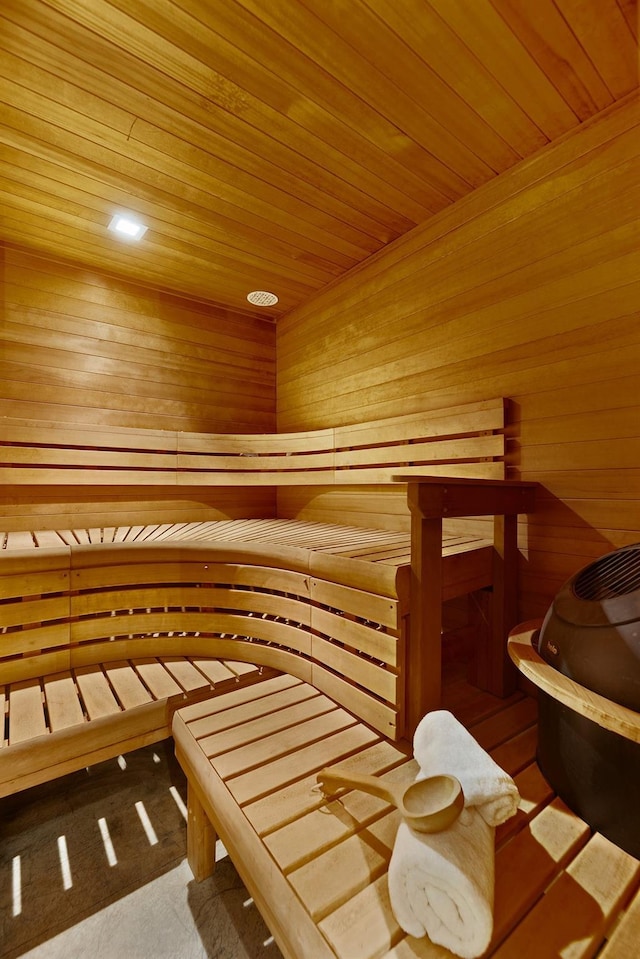 view of sauna featuring carpet flooring