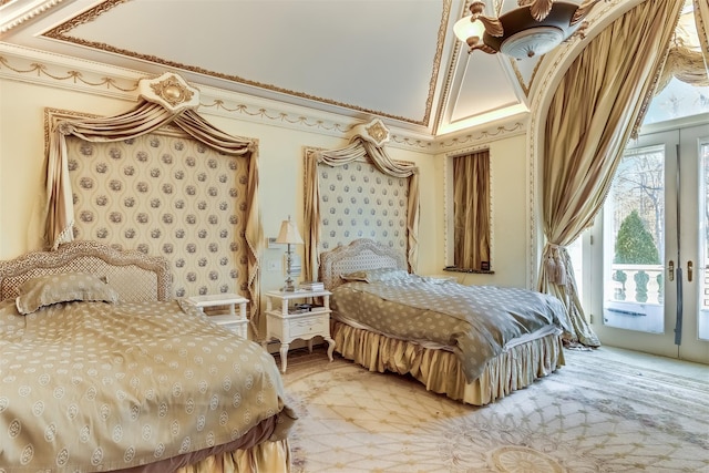 bedroom with access to outside, ceiling fan, and ornamental molding