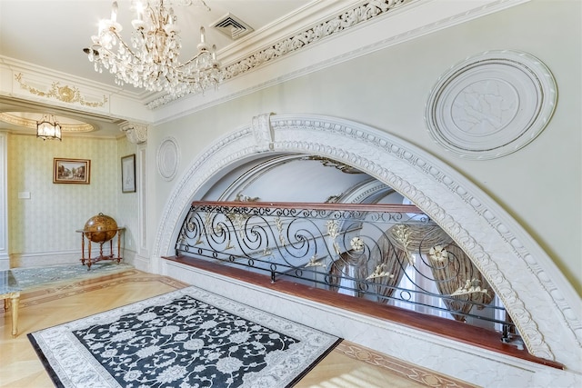 hallway featuring crown molding