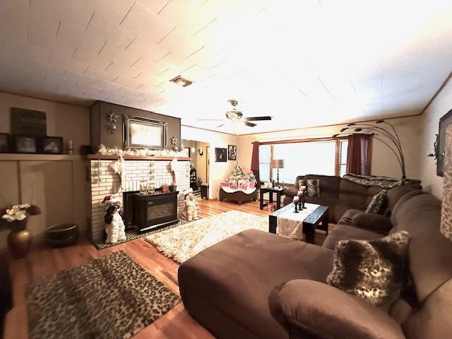 living room with ceiling fan and wood-type flooring