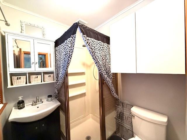 bathroom with a shower with shower curtain, vanity, toilet, and crown molding