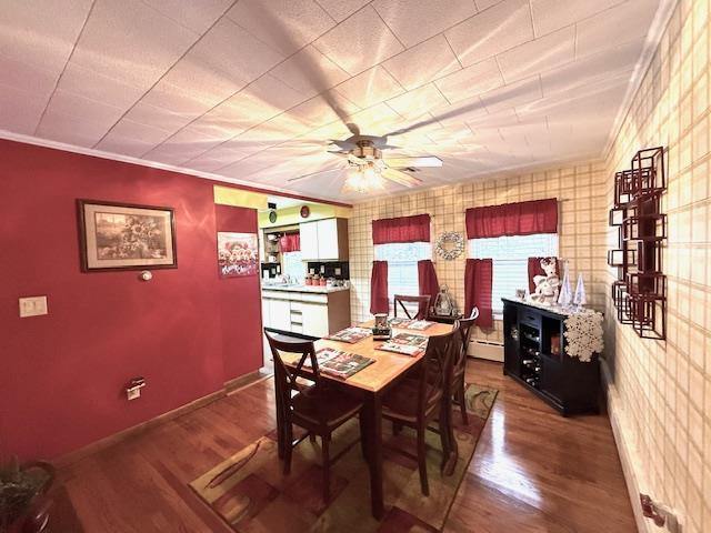 dining area featuring ceiling fan, wood-type flooring, and crown molding