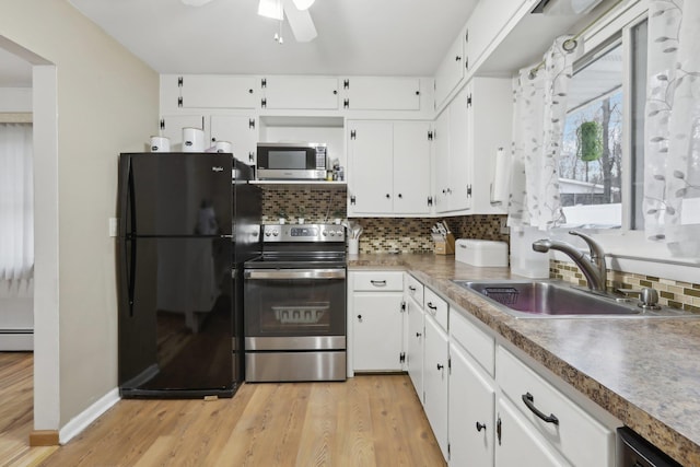 kitchen with sink, decorative backsplash, light wood-type flooring, white cabinetry, and stainless steel appliances