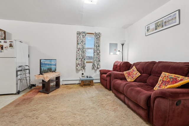 living room featuring carpet flooring, electric panel, and a baseboard radiator