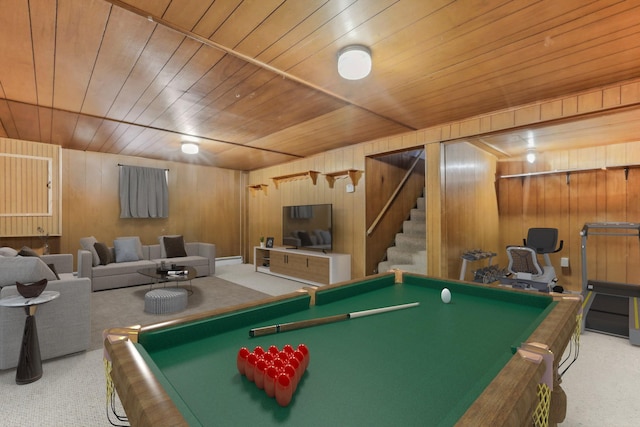 rec room featuring wooden walls, wood ceiling, and billiards