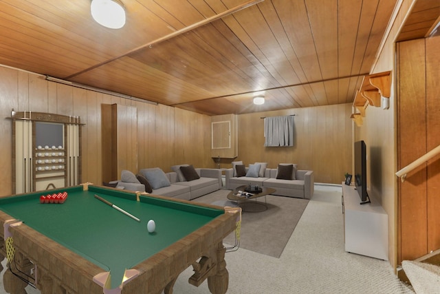 game room with wood walls, wood ceiling, light carpet, and pool table