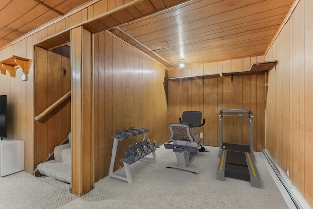 workout room featuring light carpet, wood ceiling, and wood walls