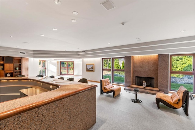 living room with a fireplace and plenty of natural light