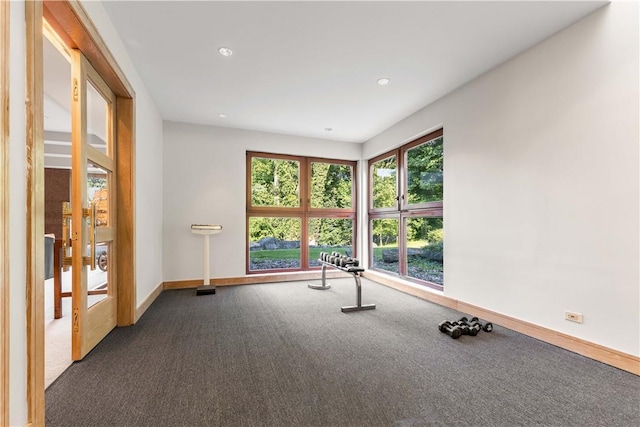 workout room with dark colored carpet