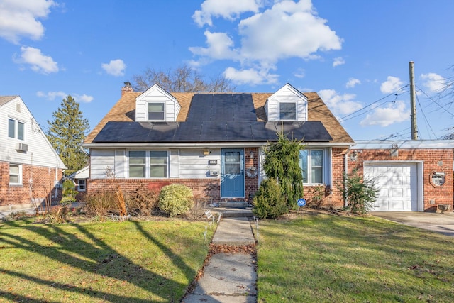 cape cod home with a garage and a front lawn