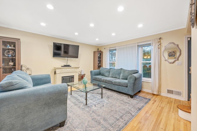 living room with crown molding and light hardwood / wood-style flooring