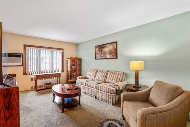 carpeted living room with radiator