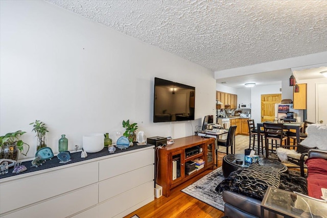 living room with light hardwood / wood-style floors and a textured ceiling