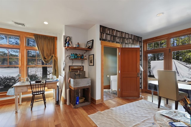 office area featuring baseboards, visible vents, wood finished floors, and recessed lighting