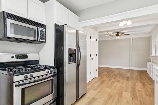 kitchen featuring ceiling fan, white cabinets, light hardwood / wood-style floors, and appliances with stainless steel finishes