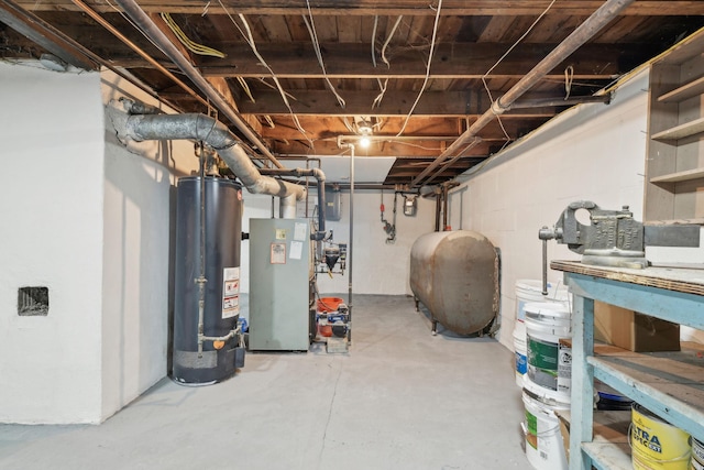 basement featuring a workshop area and gas water heater