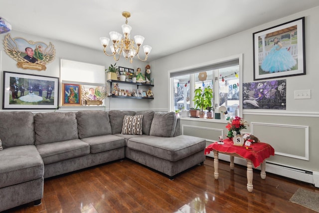 living room featuring a chandelier, dark hardwood / wood-style flooring, and baseboard heating