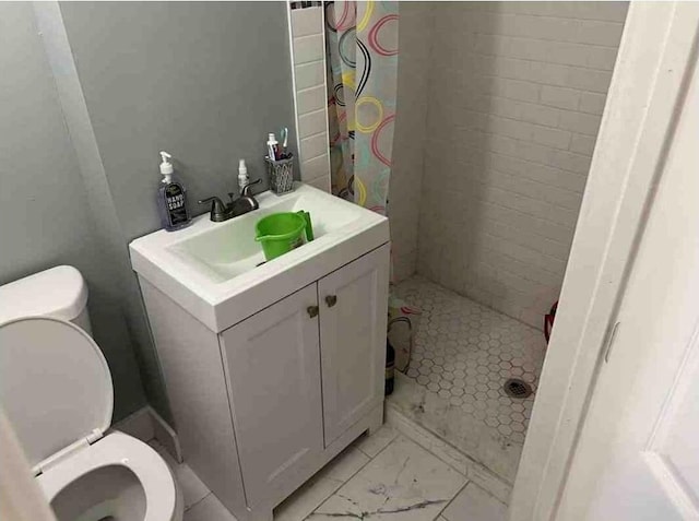 bathroom with a shower with curtain, vanity, and toilet