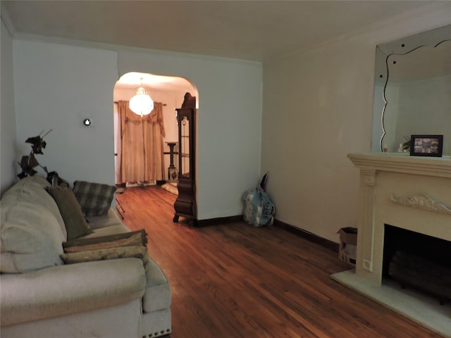 living room featuring ornamental molding and dark wood-type flooring