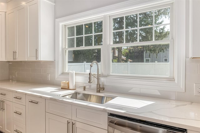 kitchen featuring tasteful backsplash, stainless steel dishwasher, and a wealth of natural light