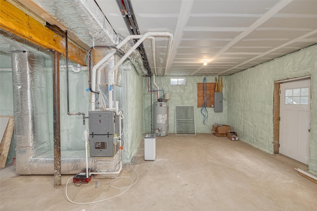 basement featuring electric panel and gas water heater