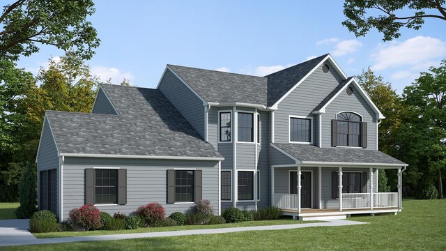 view of front of home featuring a garage, covered porch, a shingled roof, and a front lawn