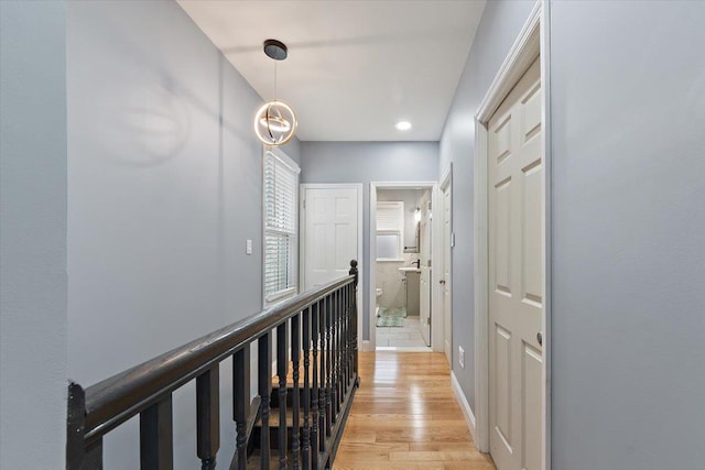 corridor with a chandelier and light hardwood / wood-style floors