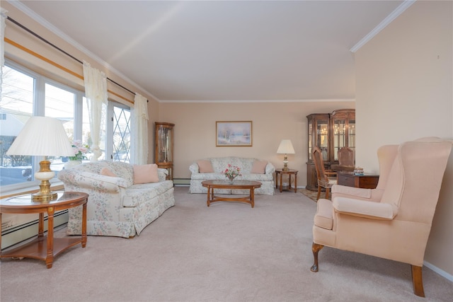 living room with baseboard heating, ornamental molding, and carpet floors