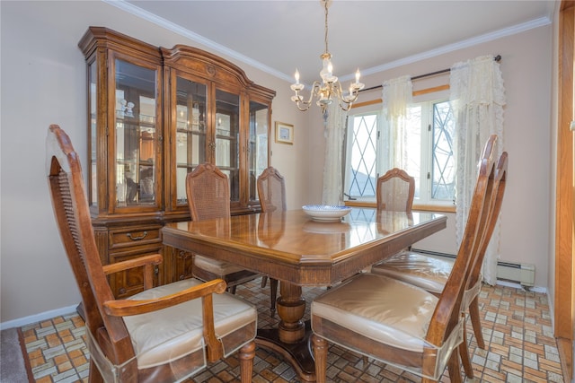 dining area featuring a baseboard radiator, ornamental molding, and a chandelier