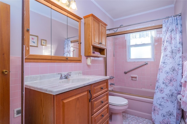 full bathroom featuring crown molding, tile walls, vanity, shower / bath combination with curtain, and toilet