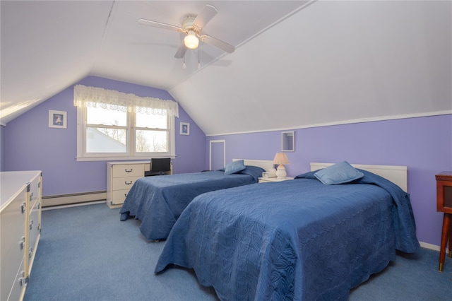 bedroom featuring lofted ceiling, a baseboard heating unit, light carpet, and ceiling fan