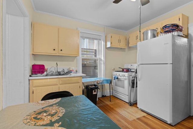 kitchen featuring white appliances, light hardwood / wood-style floors, crown molding, and sink