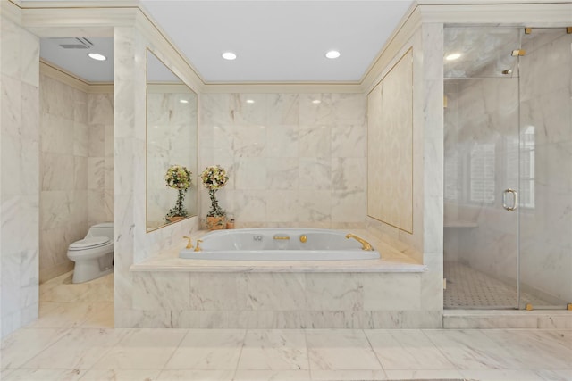 bathroom featuring independent shower and bath, tile walls, and toilet