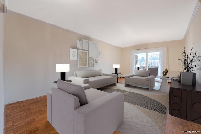 living room featuring ornamental molding and light hardwood / wood-style floors