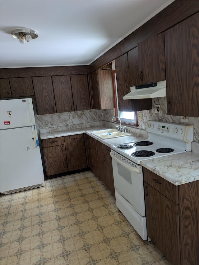 kitchen with dark brown cabinets, white appliances, and sink