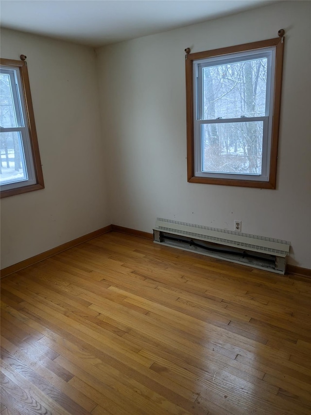 empty room featuring a baseboard radiator and light hardwood / wood-style floors