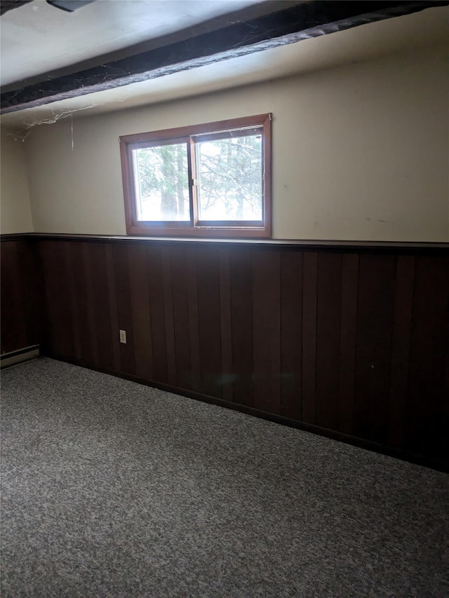 carpeted spare room with wooden walls