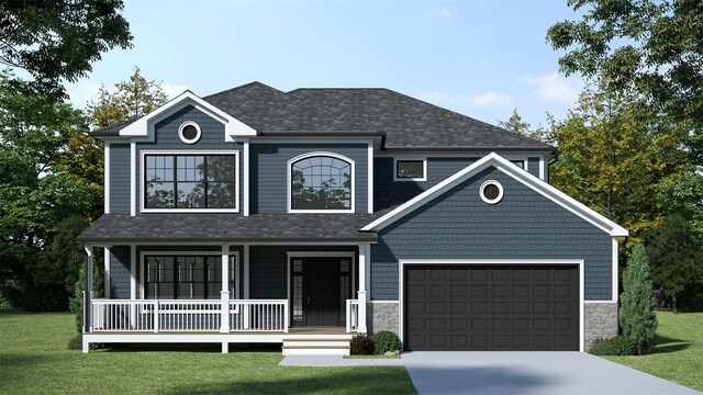 view of front of home with a front lawn, a porch, a garage, stone siding, and driveway