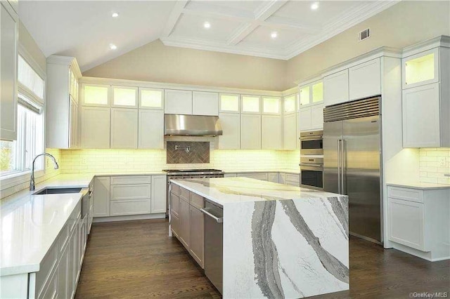 kitchen featuring visible vents, stainless steel built in refrigerator, dark wood finished floors, under cabinet range hood, and a sink