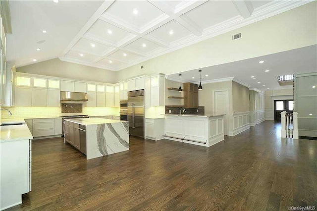 kitchen with visible vents, dark wood-style flooring, a sink, stainless steel appliances, and under cabinet range hood