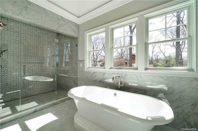 bathroom featuring plenty of natural light, a freestanding bath, a stall shower, and crown molding