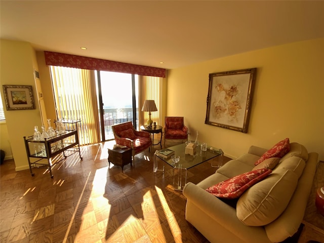 living room featuring parquet flooring