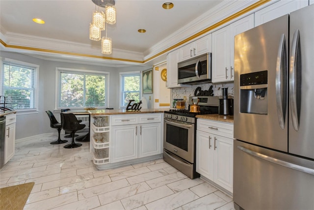 kitchen with kitchen peninsula, white cabinetry, pendant lighting, and stainless steel appliances