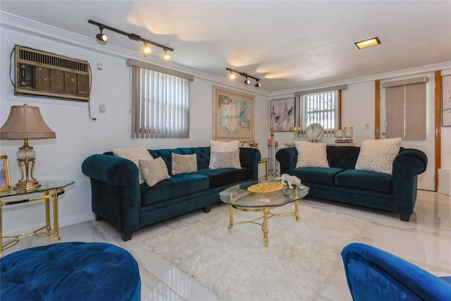 living room with a wall mounted AC and ornamental molding