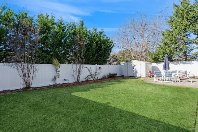 view of yard featuring a shed and a patio