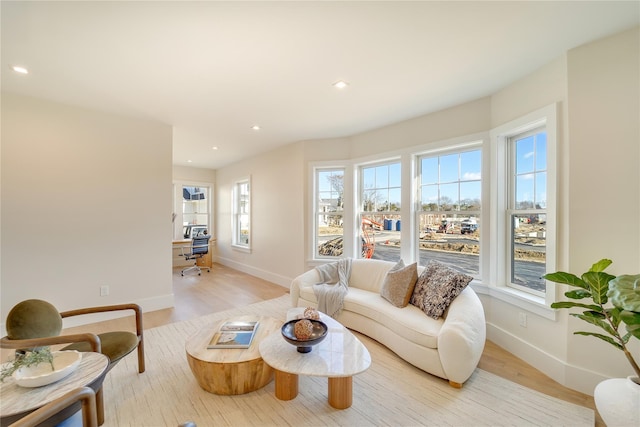 living room featuring light wood-type flooring and a healthy amount of sunlight