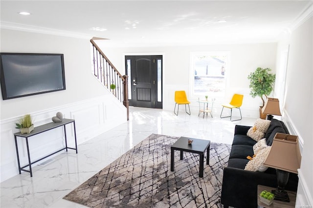 living room featuring ornamental molding