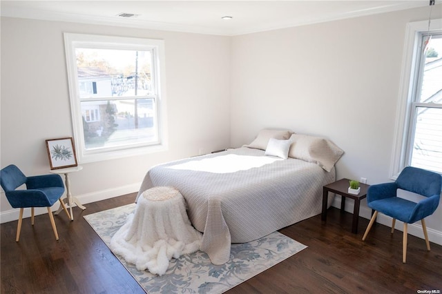 bedroom featuring crown molding, dark wood-type flooring, and multiple windows