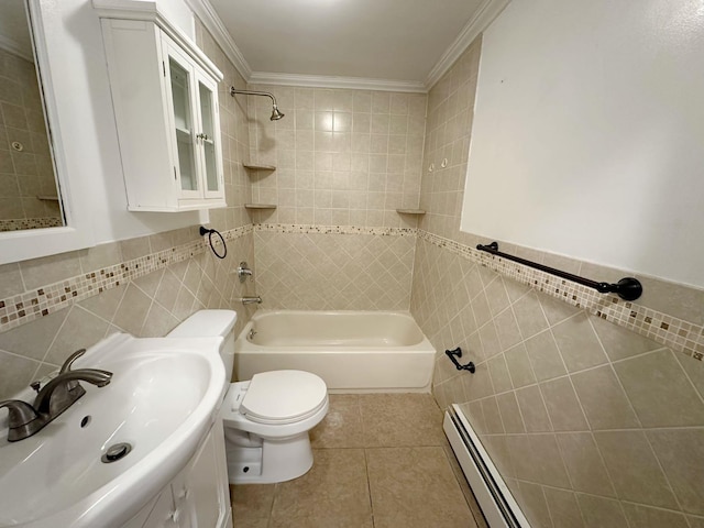 full bathroom featuring tiled shower / bath, tile patterned flooring, ornamental molding, tile walls, and a baseboard radiator