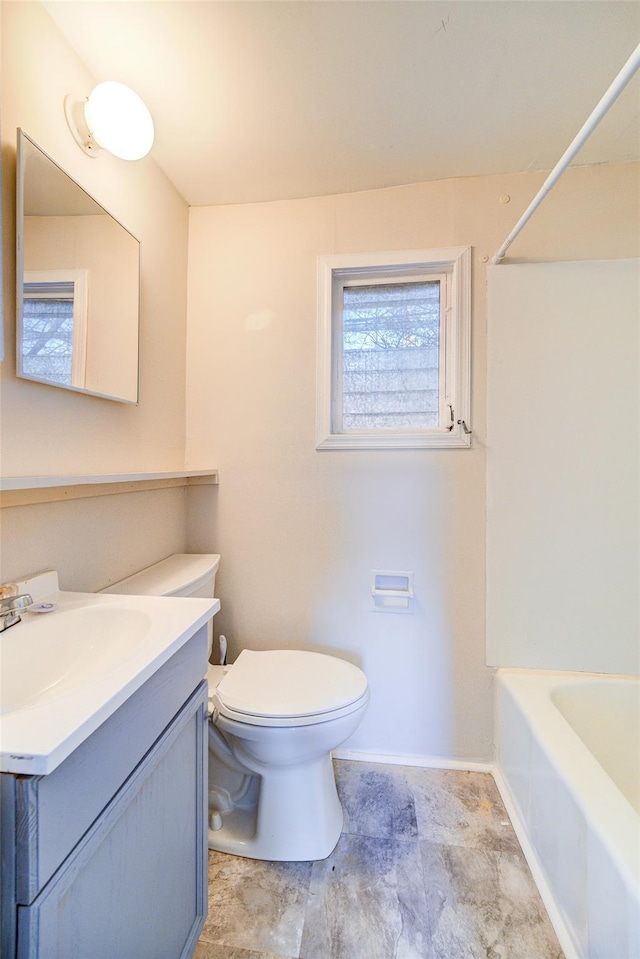 full bathroom with shower / bathing tub combination, vanity, and toilet